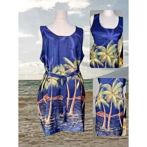 Vintage 80s Looking Good Tank Scoop Neck Hawaiian Palms A-Line Swing Dress XL